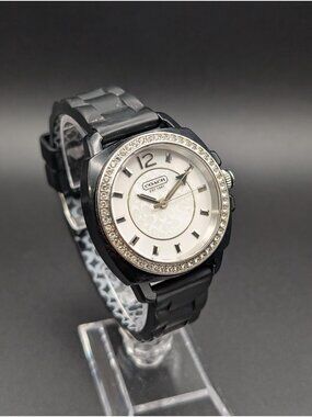 Coach Maddy Quartz Watch, Black Case Crystal Bezel, Signature C Rubber Strap